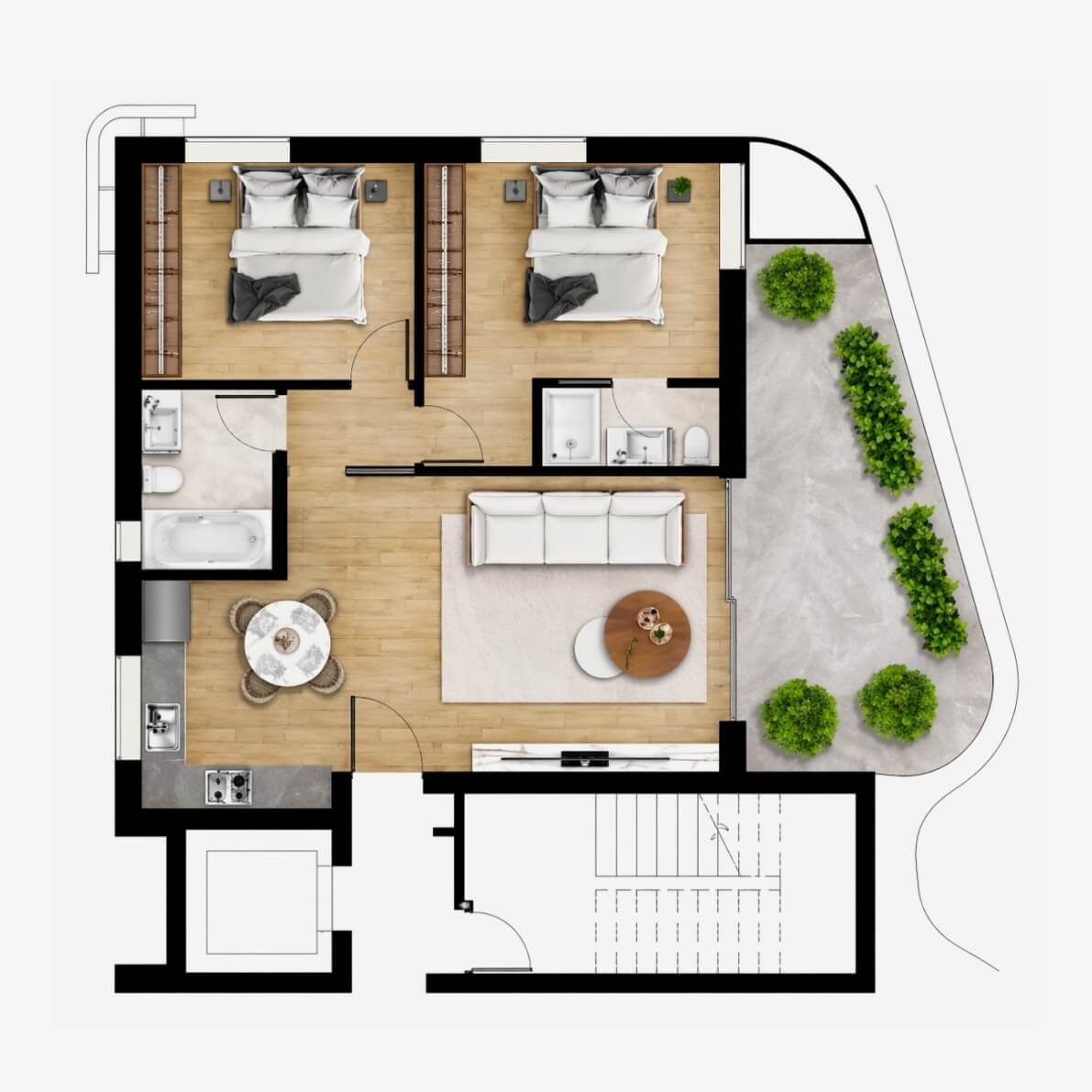 Apartament z 2 sypialniami i ogrodem dachowym